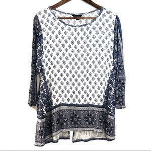 Lucky Brand Boho Mid Sleeve Blue Print Top XL